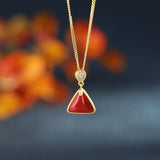 925 Silver Natural South Red Agate Triangle Pendant
