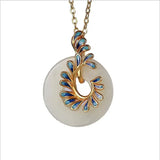 Silver Hetian Jade Safety Buckle Pendant Cloisonne Phoenix Tail Necklace