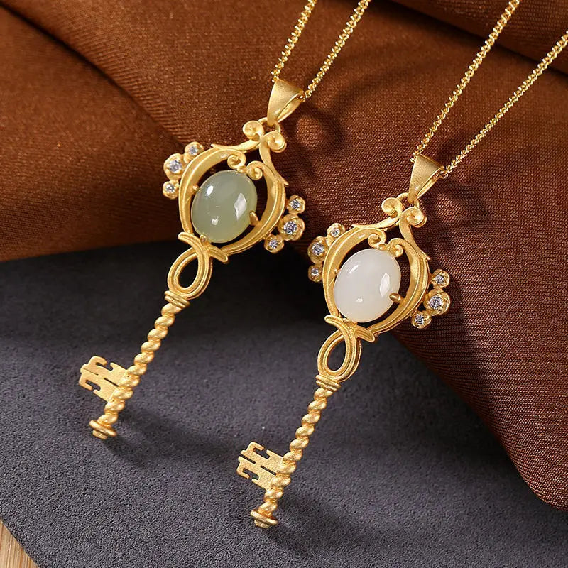 Sterling Silver Plated Hetian Jade Gray Jade Key Pendant Necklace Set