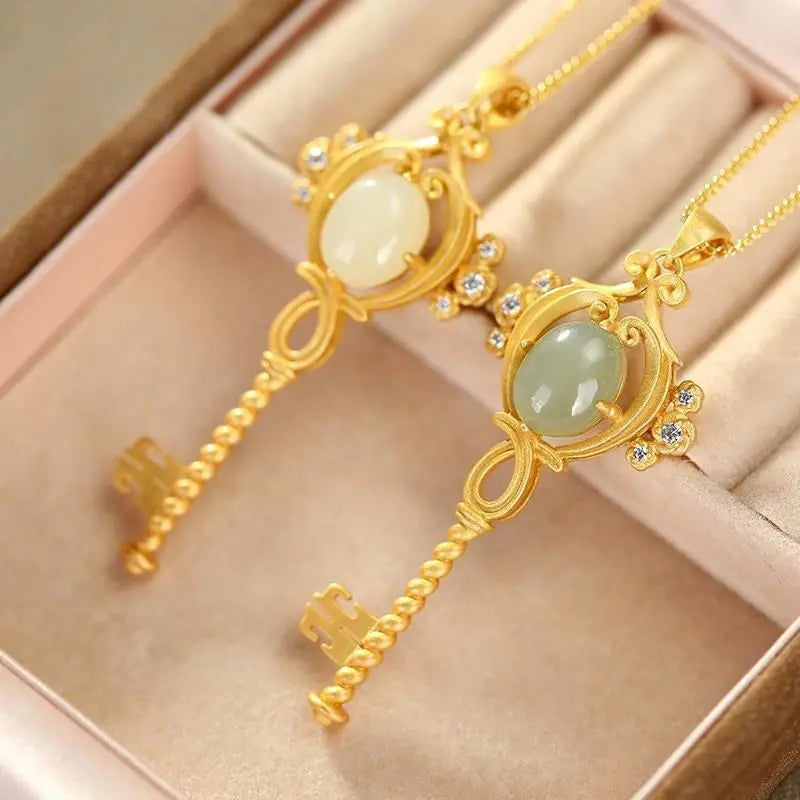 Sterling Silver Plated Hetian Jade Gray Jade Key Pendant Necklace Set
