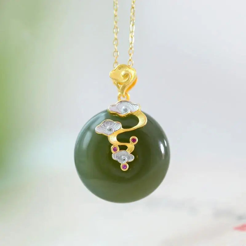 S925 Sterling Silver Plated Gray Jade Safety Buckle Pendant Green Cloud