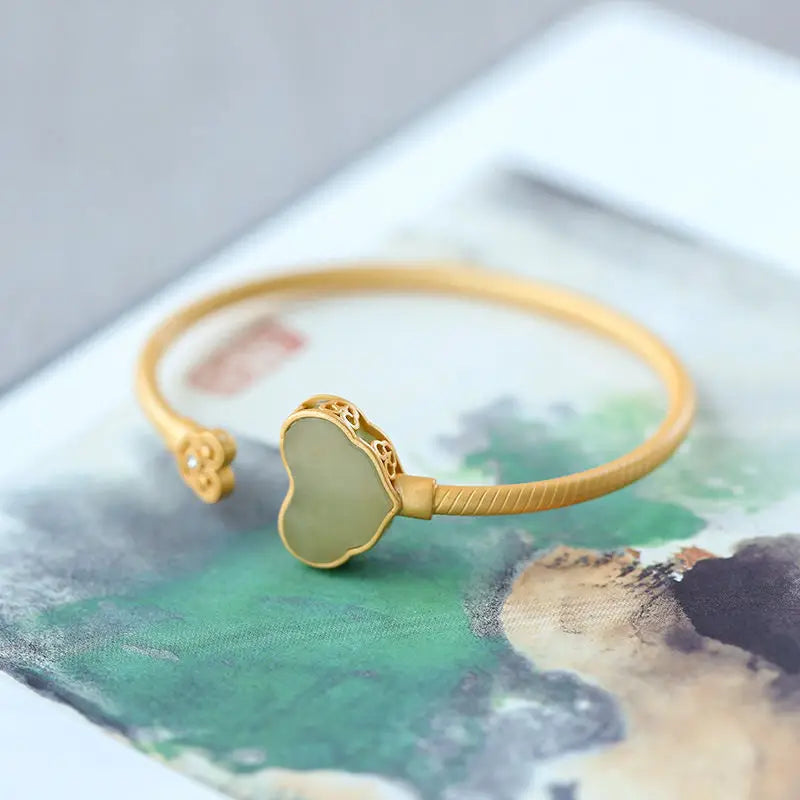 Sterling Silver Gold-Plated Ruyi Gray Jade Bracelet with Ginkgo Leaf Inlay