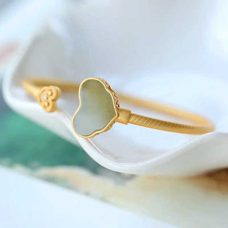 Sterling Silver Gold-Plated Ruyi Gray Jade Bracelet Hetian Jade Ginkgo Leaf