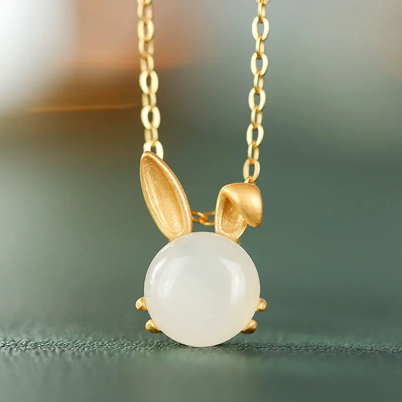 925 Silver Plated Jade Bunny Pendant Hetian Jade Necklace