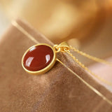 S925 Sterling Silver Red Agate Egg Surface Pendant Necklace