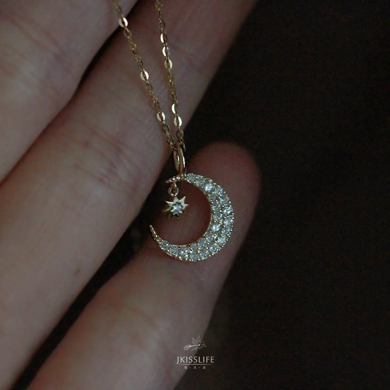 925 Silver Gold Star Moon Necklace Zirconia Pendant