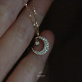 925 Silver Gold Star Moon Necklace Zirconia Pendant