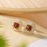 S925 Sterling Silver Red Agate and Tian Jade Ear Studs Vintage Plum Blossom