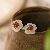 S925 Sterling Silver Red Agate and Tian Jade Ear Studs Vintage Plum Blossom