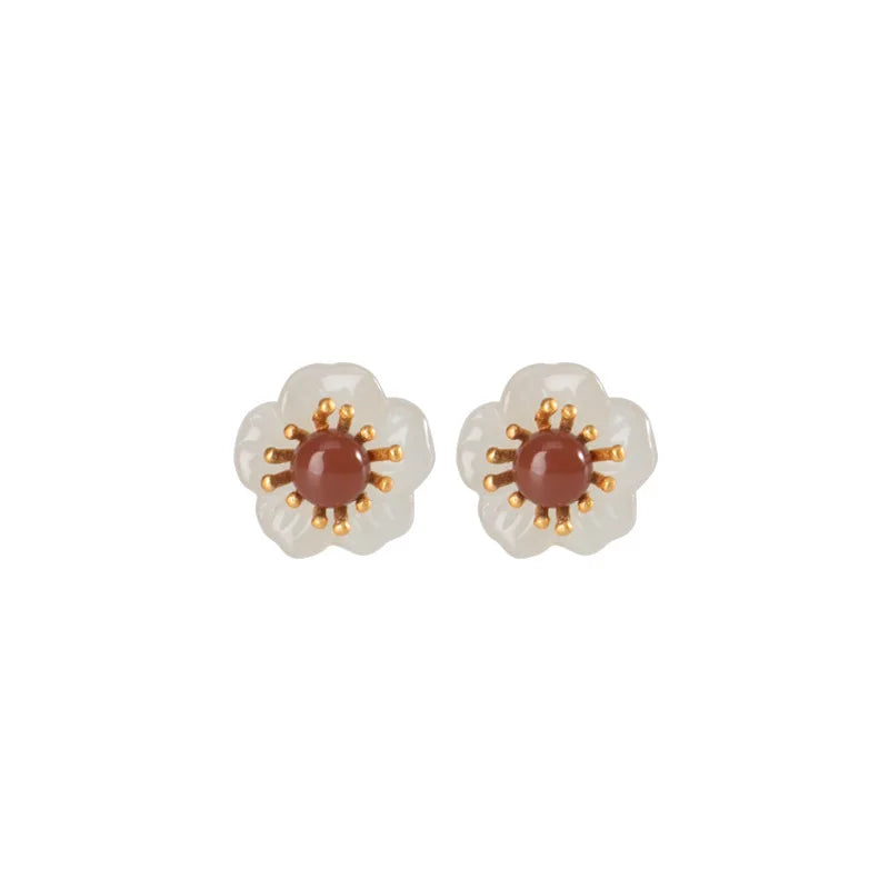 S925 Sterling Silver Red Agate and Tian Jade Ear Studs Vintage Plum Blossom