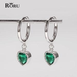 925 Silver Green Rhinestone Heart Hoop Earrings Zircon Pendant Circle Charm