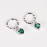 925 Silver Green Rhinestone Heart Hoop Earrings Zircon Pendant Circle Charm