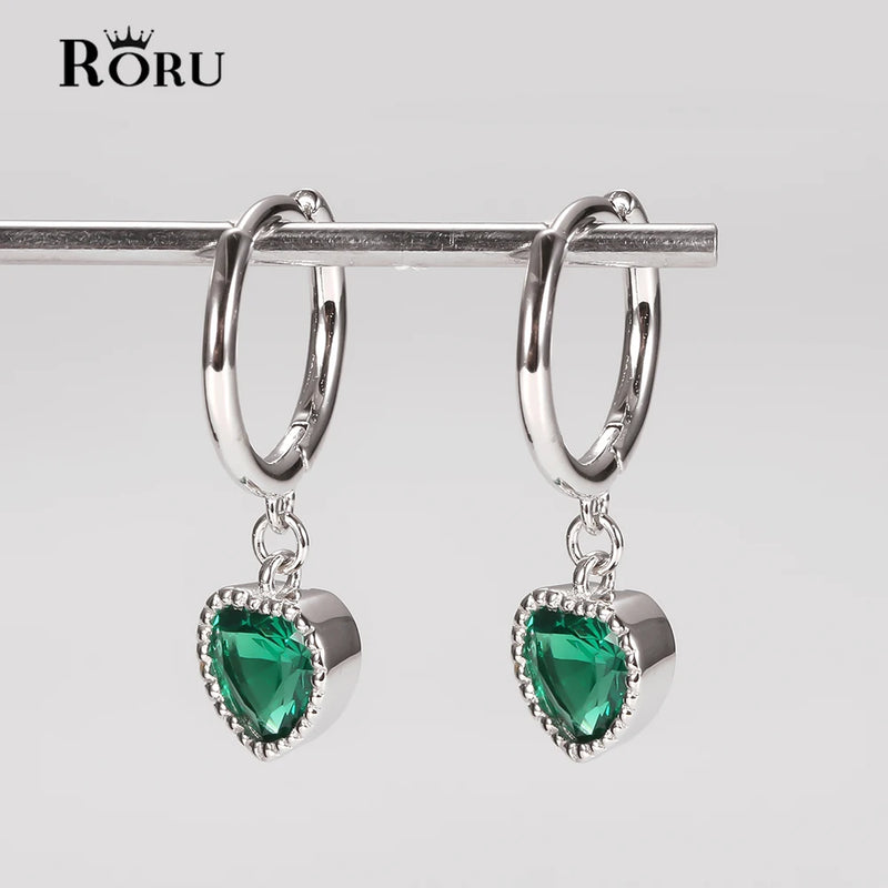 925 Silver Green Rhinestone Heart Hoop Earrings Zircon Pendant Circle Charm