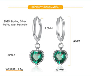 925 Silver Green Rhinestone Heart Hoop Earrings Zircon Pendant Circle Charm