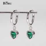 925 Silver Green Rhinestone Heart Hoop Earrings Zircon Pendant Circle Charm