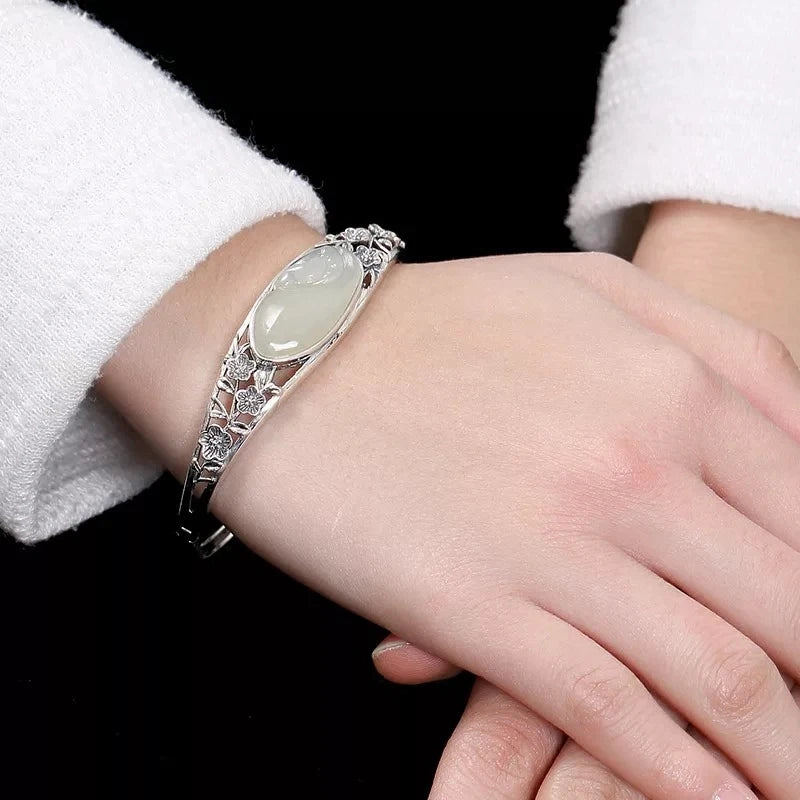 S925 Hetian Jade Bracelet Plum Flower Carved Thai Silver Bracelet