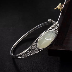 S925 Hetian Jade Bracelet Plum Flower Carved Thai Silver Bracelet