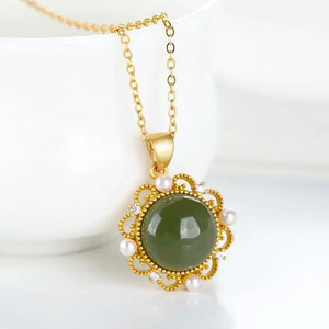 S925 Silver Hetian Jade Gray Jade Pearl Flower Pendant Necklace Set