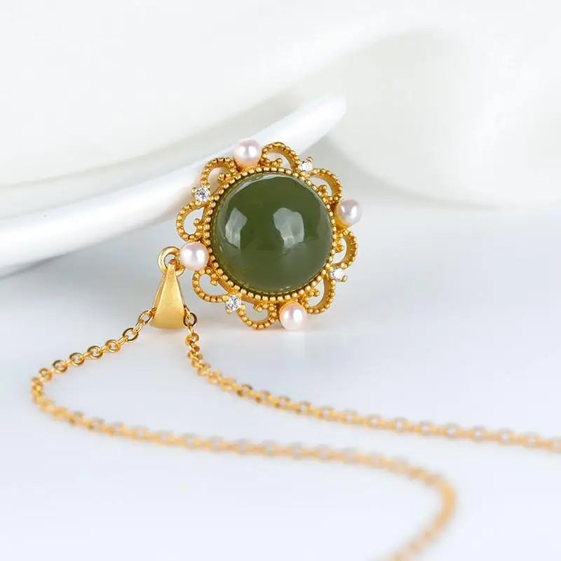 S925 Silver Hetian Jade Gray Jade Pearl Flower Pendant Necklace Set