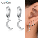 925 Silver Cross Moon Zircon Hoop Earrings for Women Men