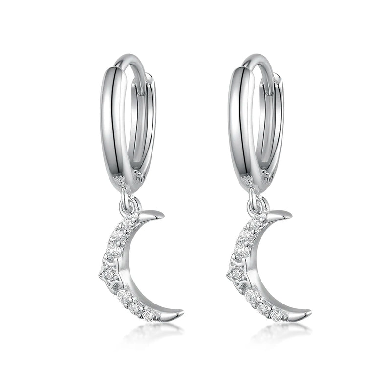 925 Silver Cross Moon Zircon Hoop Earrings for Women Men