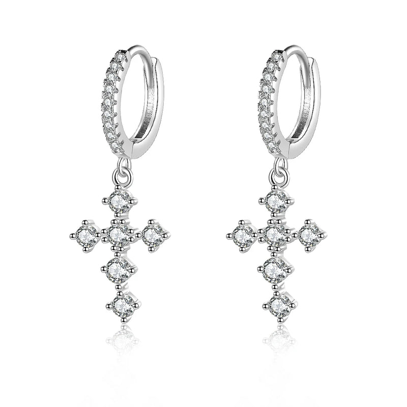 Cross Zircon Diamond Hoop Earrings 925 Silver Wedding Jewelry