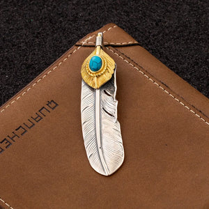 S925 Sterling Silver Indian Feather Pendant with Turquoise Retro Vintage Hip-Hop