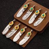 S925 Sterling Silver Indian Feather Pendant with Turquoise Retro Vintage Hip-Hop