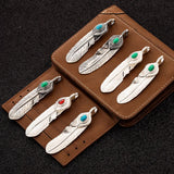 S925 Sterling Silver Indian Feather Pendant with Turquoise Retro Vintage Hip-Hop