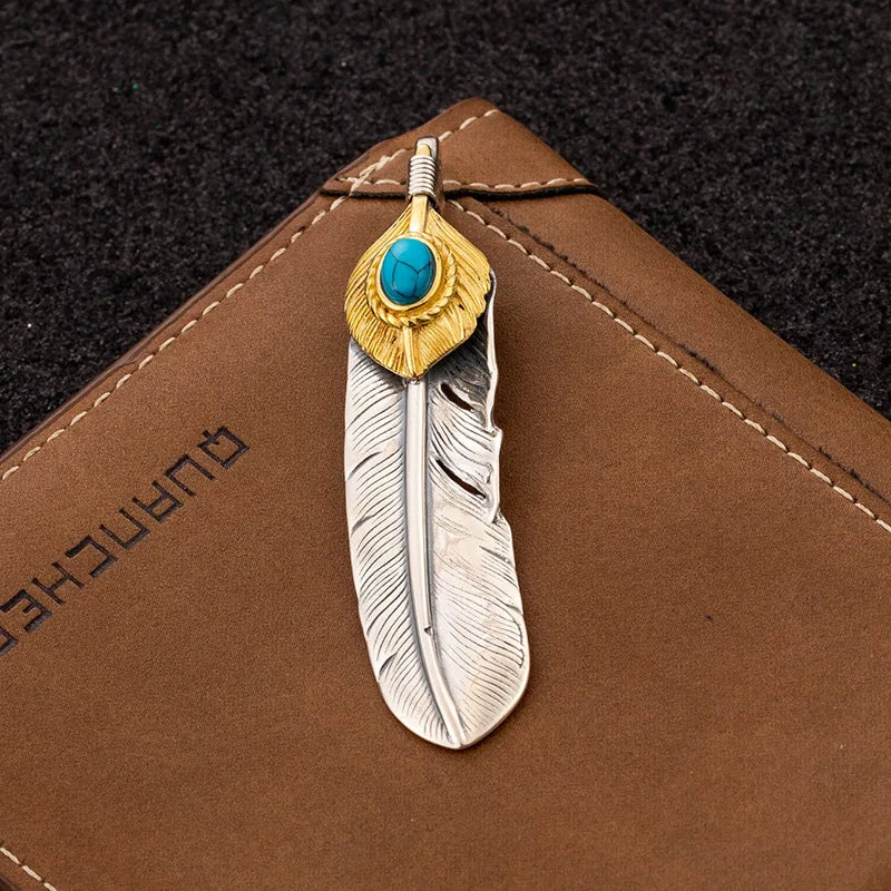 S925 Sterling Silver Indian Feather Pendant with Turquoise Retro Vintage Hip-Hop