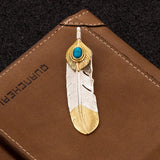 S925 Sterling Silver Indian Feather Pendant with Turquoise Retro Vintage Hip-Hop