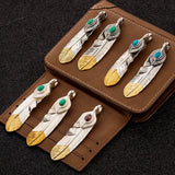 S925 Sterling Silver Indian Feather Pendant with Turquoise Retro Vintage Hip-Hop