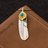 S925 Sterling Silver Indian Feather Pendant with Turquoise Retro Vintage Hip-Hop