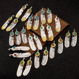 S925 Sterling Silver Indian Feather Pendant with Turquoise Retro Vintage Hip-Hop