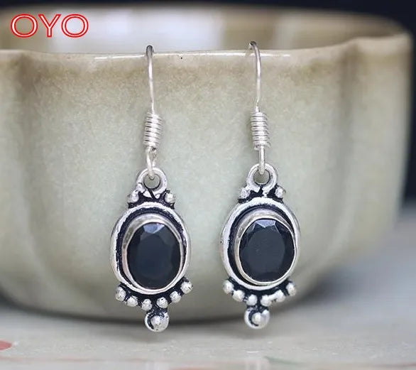 S925 Sterling Silver Agate Earrings, Indian Hand Inlaid
