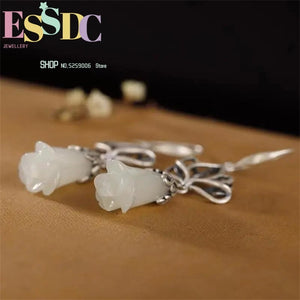 S925 Silver Inlaid Hetian Jade Ethnic Orchid Earrings
