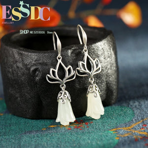 S925 Silver Inlaid Hetian Jade Ethnic Orchid Earrings