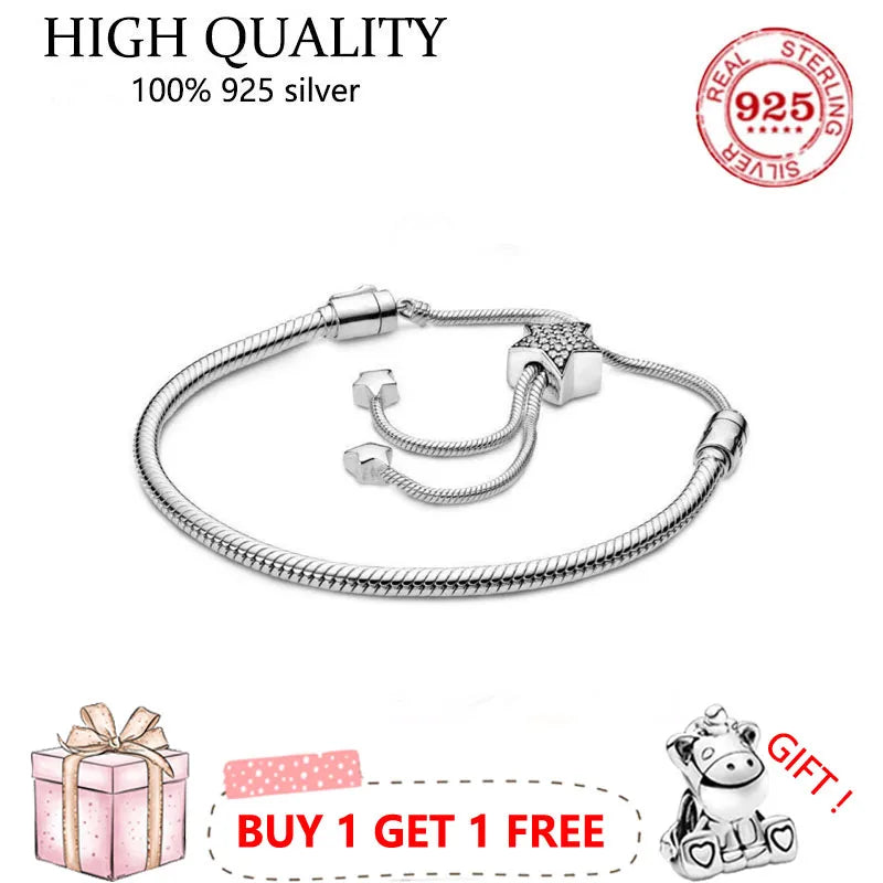 S925 Sterling Silver Love & Star Sliding Snake Bone Bracelet