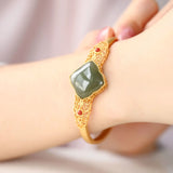 Sterling Silver Natural Hetian Jade Gray Jade Geometric Hollow Ornament