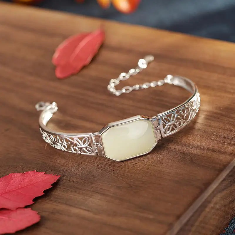 925 Sterling Silver Natural Hetian Jade Bracelet for Women