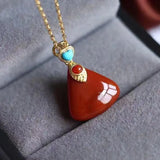 S925 South Red Geometric Pendant Natural Agate Necklace