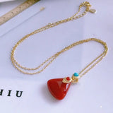 S925 South Red Geometric Pendant Natural Agate Necklace