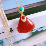 S925 South Red Geometric Pendant Natural Agate Necklace