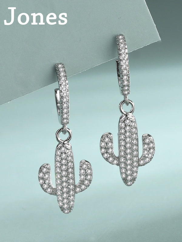 S925 Silver Cactus Plant Earrings with Diamonds