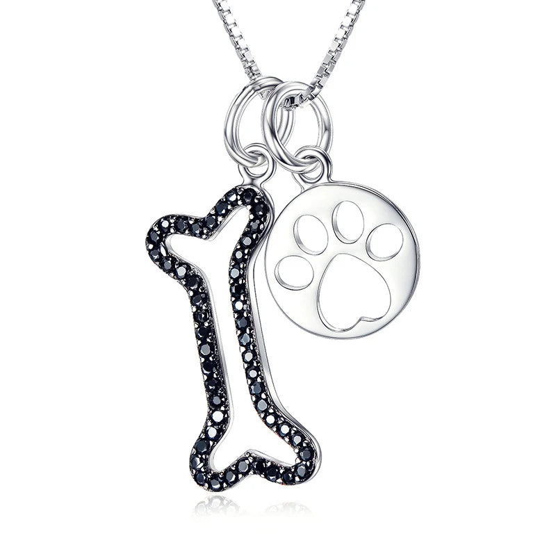 Sterling Silver Dog Paw Print Pendant Bone Necklace