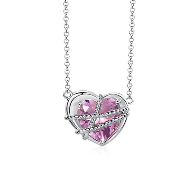 S925 Sterling Silver Love Heart Pendant Necklace Crystal Glass Women's Jewelry
