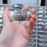 S925 Silver Ladies Bracelet, Ethnic Style Wide Face Open Rose Solid Bracelet