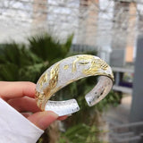 S925 Silver Ladies Bracelet, Ethnic Style Wide Face Open Rose Solid Bracelet