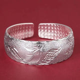 S925 Silver Ladies Bracelet, Ethnic Style Wide Face Open Rose Solid Bracelet