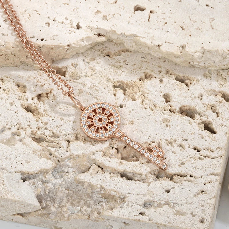 925 Silver Key Necklace with Zircon Inlay, Gift Jewelry